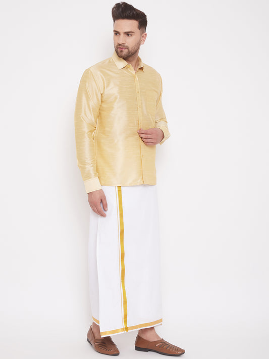 Men's Gold and White Silk Blend Shirt And Mundu