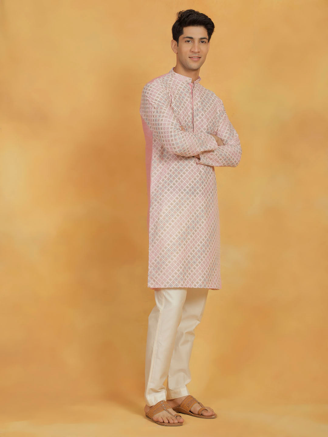 Men's Pink Maslin Kurta And Pyjama Set