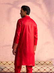 Men's Red And Cream Moonga Silk Kurta