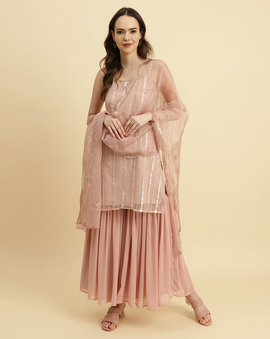 Peach  Strap Style Kurta With Tonal Sharara  And Emroidered Dupatta