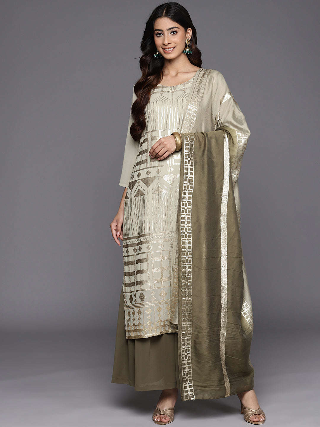 Women Olive Green Sequened Kurta With Sharara And  Sequened Ombre Dupatta