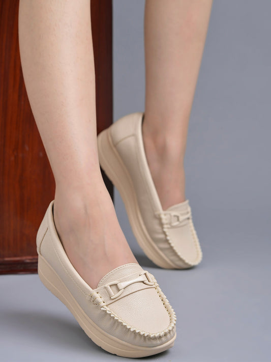 Shoetopia upper Bow Detailed Cream Loafers For Women & Gilrs