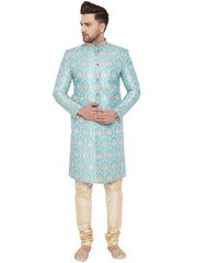 Men's Aqua And Gold Silk Blend Sherwani Set