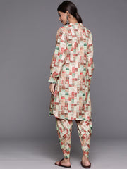 Women Beige Geometrical Printed Straight Kurta With Bishop Sleeves Paired With Tonal Printed Dhoti Style Bottom