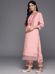 Women Peach Embroidered Straight Kurta Paired With Tonal Bottom And Organza Embroidered Dupatta