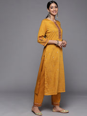 mustard embroiderd kurta and trouser with digital printed dupatta