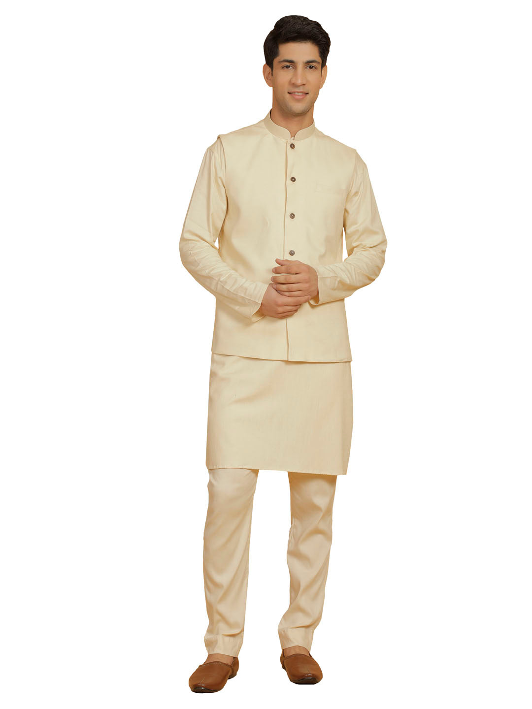 Men's Cream Linen Cotton Jacket, Kurta and Pyjama Set