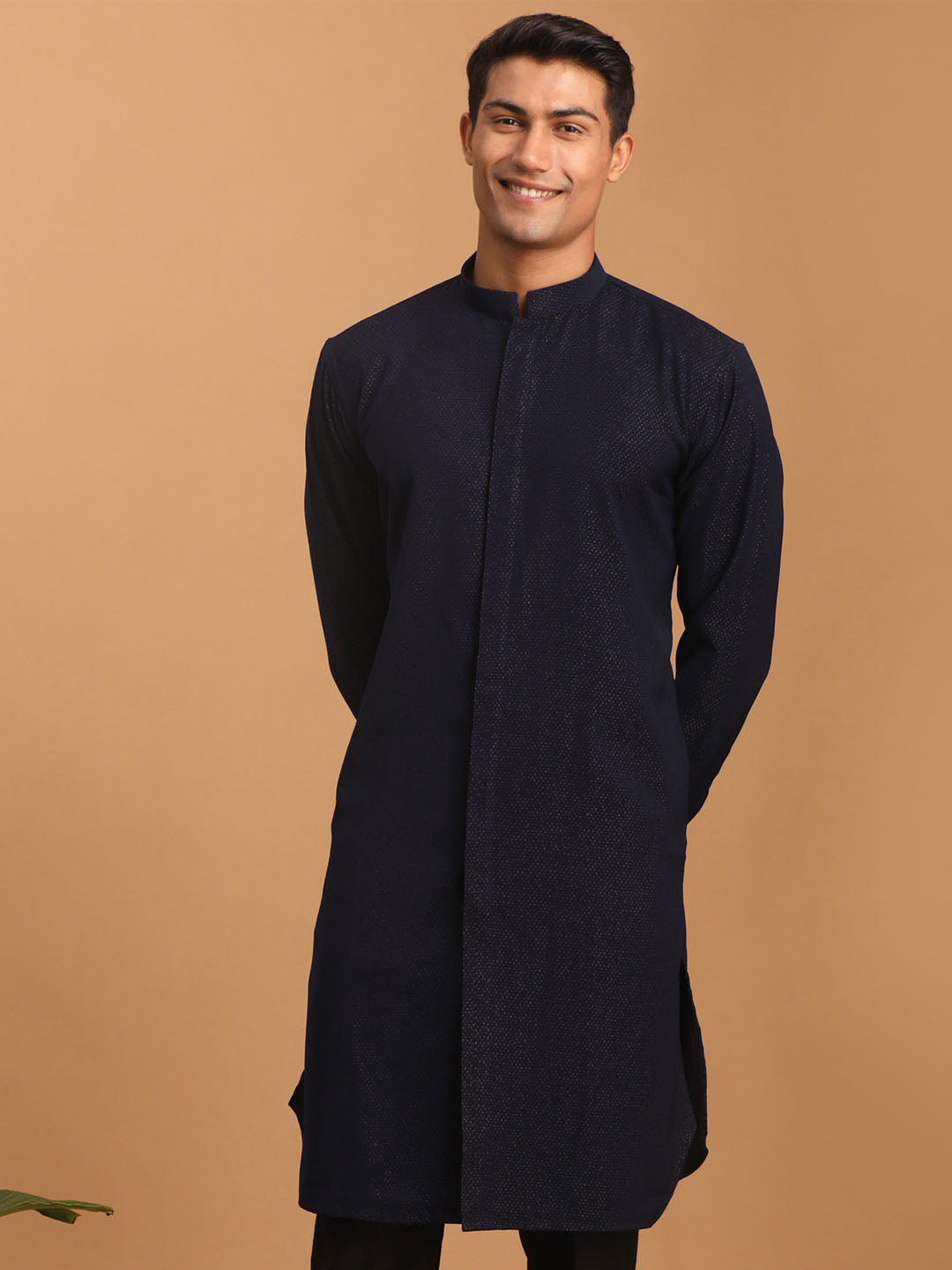 Men's Navy Blue Cotton Blend Kurta