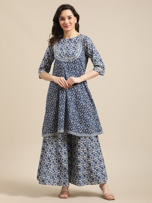 Women Indigo And White Floral Printed Flared Kurta Sharara Set