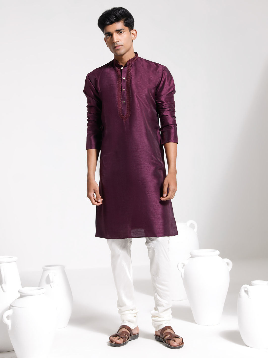 Men's Wine And Cream Dupion Silk Kurta Pyjama Set