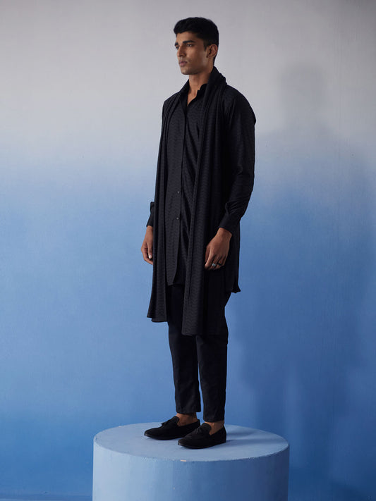 Men's Black Net Kurta, Pyjama & Dupatta Set