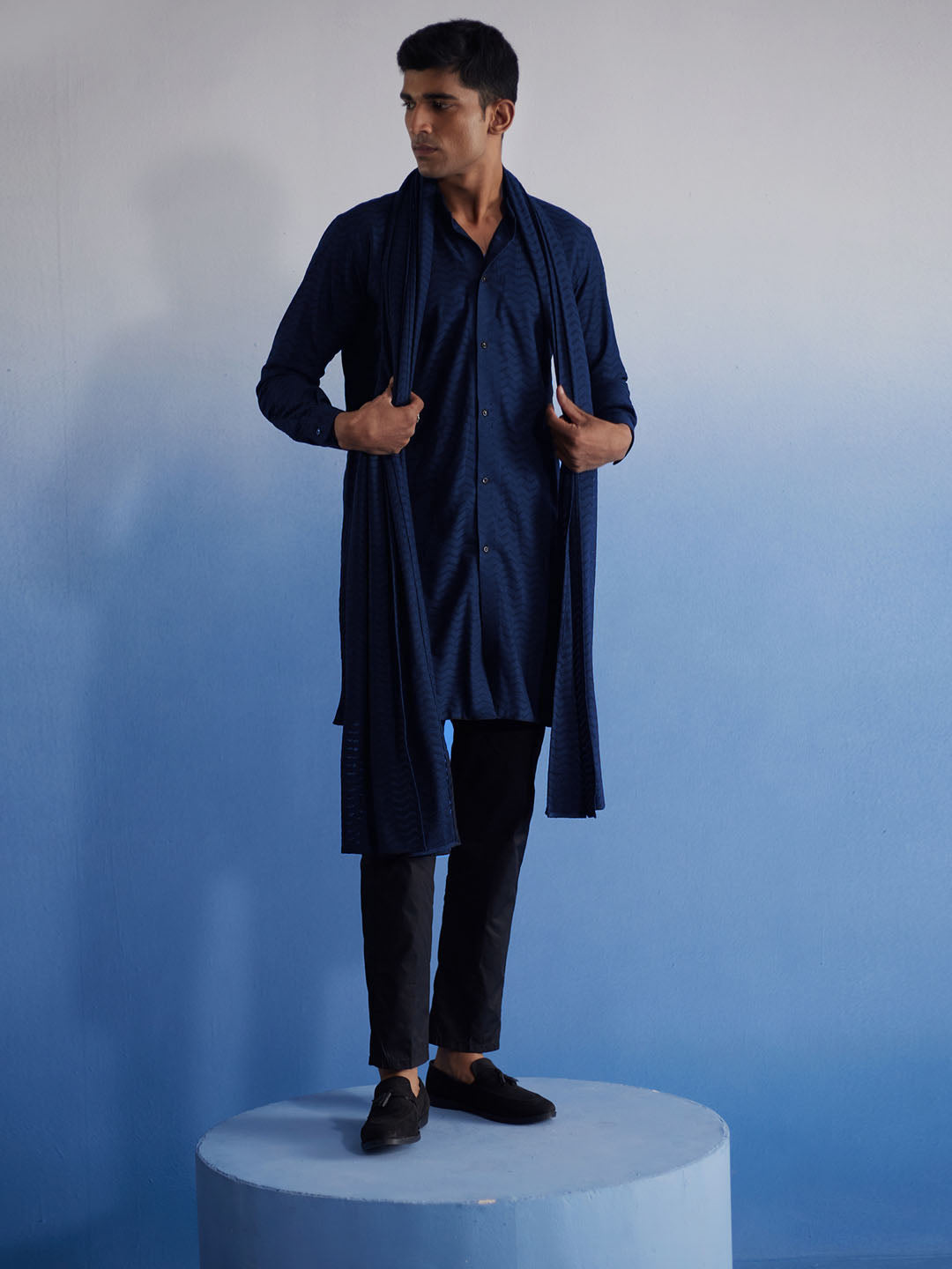 Men's Navy Blue Net Kurta, Pyjama & Dupatta Set