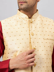 Men's Maroon And Gold Silk Blend Jacket, Kurta and Pyjama Set