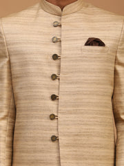 Men's Beige And Brown Silk Blend Sherwani Set