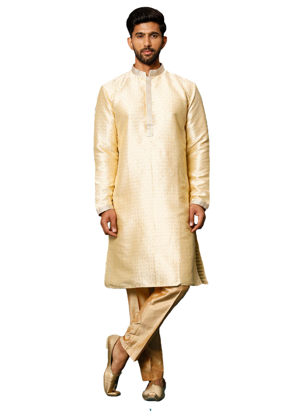 Men's Gold And Rose Gold Silk Blend Kurta Pyjama Set