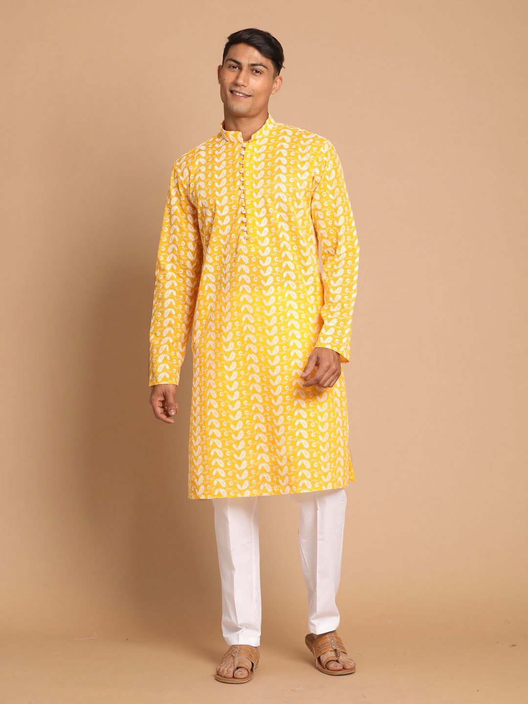 Men's Orange And White Pure Cotton Kurta Pyjama Set