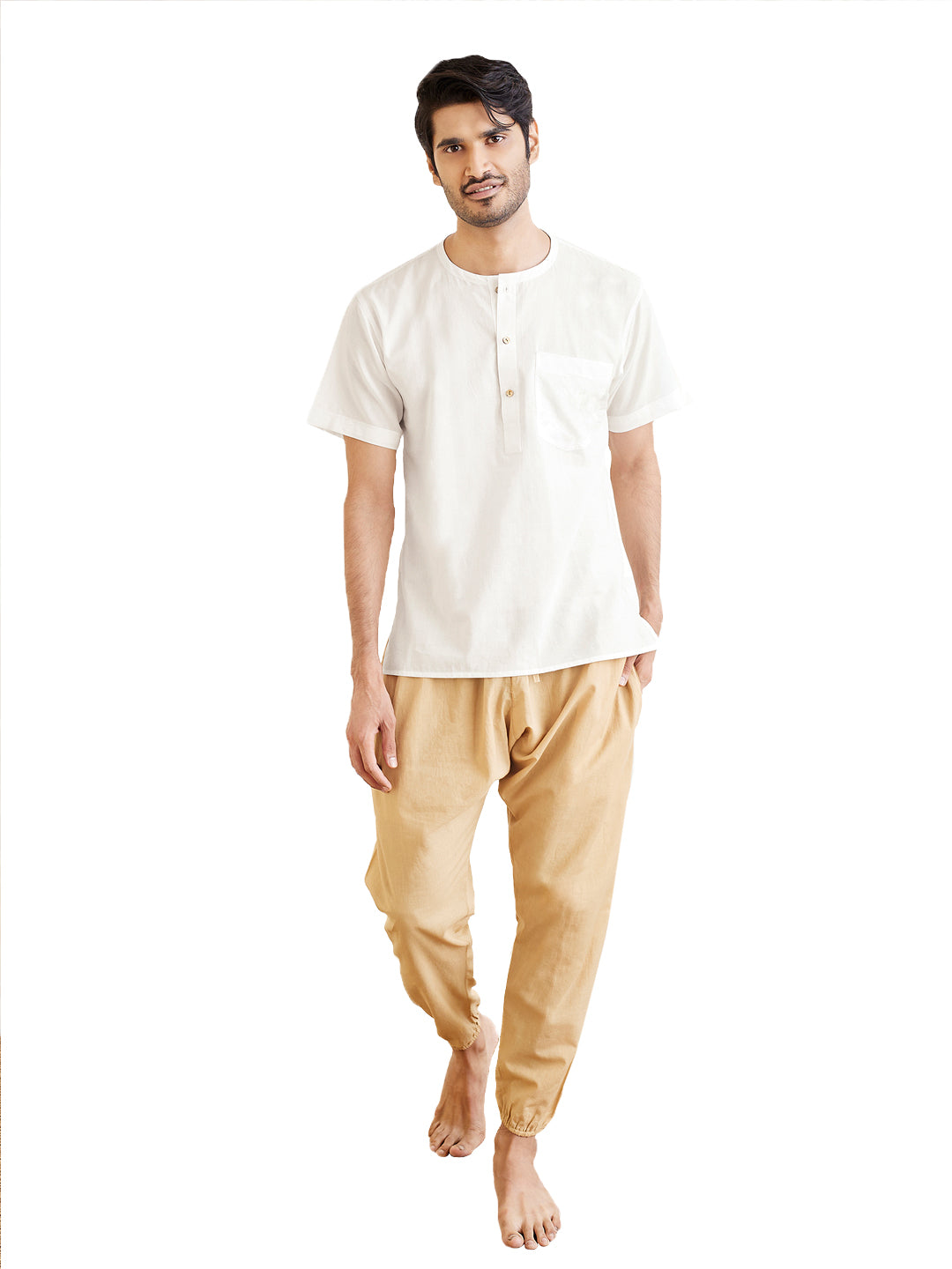 Men's White And Beige Cotton Kurta Pyjama Set