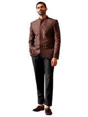 Men's Rust And Black Silk Blend Jodhpuri,Pyjama Set