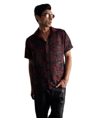 Men's Black Base Red Silk Blend Ethnic Shirt