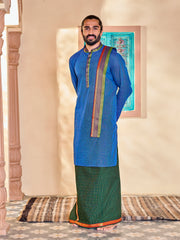 Men's Blue Cotton Kurta Mundu And Dupatta Set