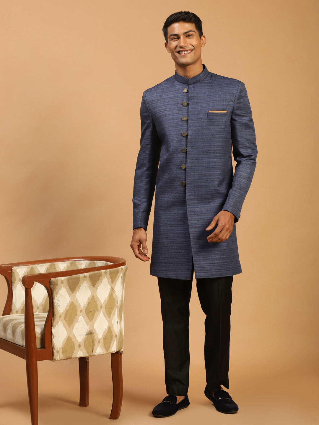 Men's Navy Blue And Black Silk Blend Sherwani Set