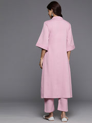 Women Pink Shirt Collar Neck A-Line Kurta Paired With Tonal Bottom