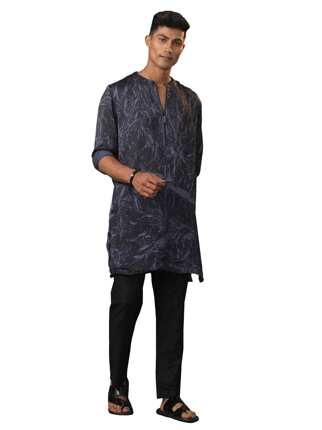 Men's Gray And Black Cotton Blend Kurta Pyjama Set