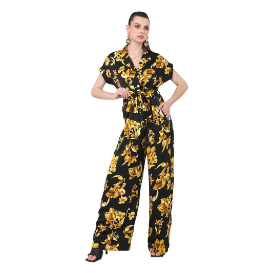 Luna Floral Black And Gold Printed Jumpsuit