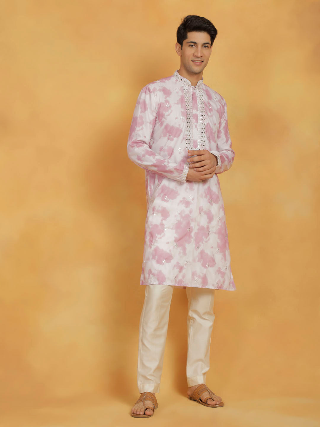 Men's Pink And Cream Cotton Blend Kurta And Pyjama Set