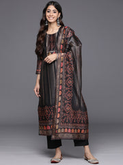 Women Black Ethnic Motifs Printed Straight Kurta Paired With Tonal Solid Bottom And Printed Dupatta