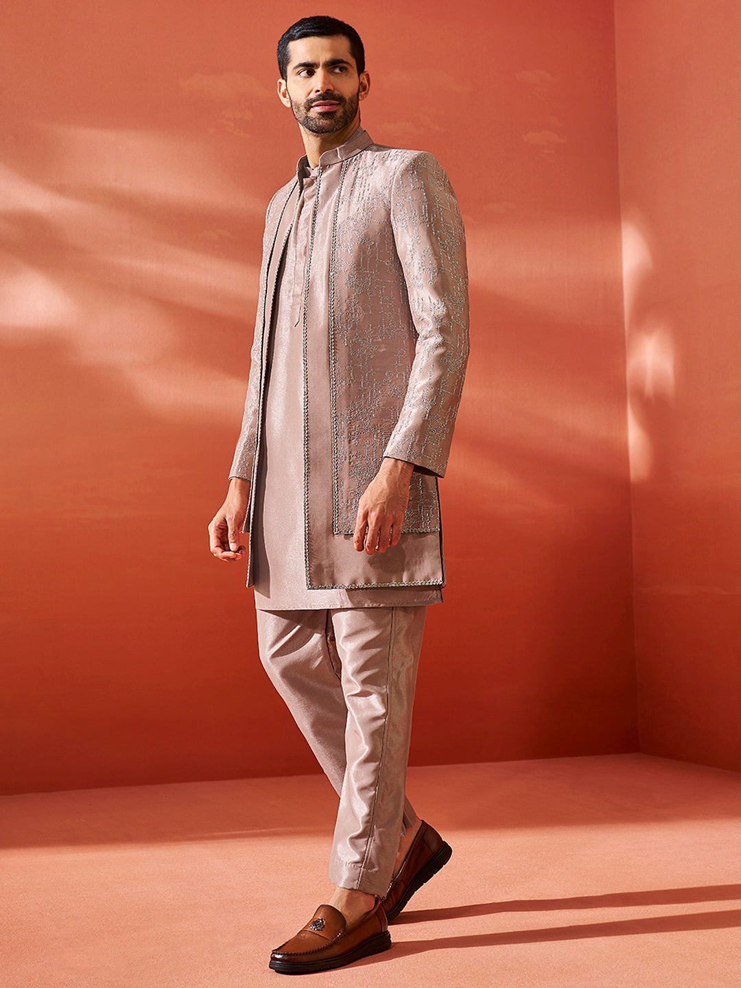 Men's Rose Gold Silk Blend Sherwani Set