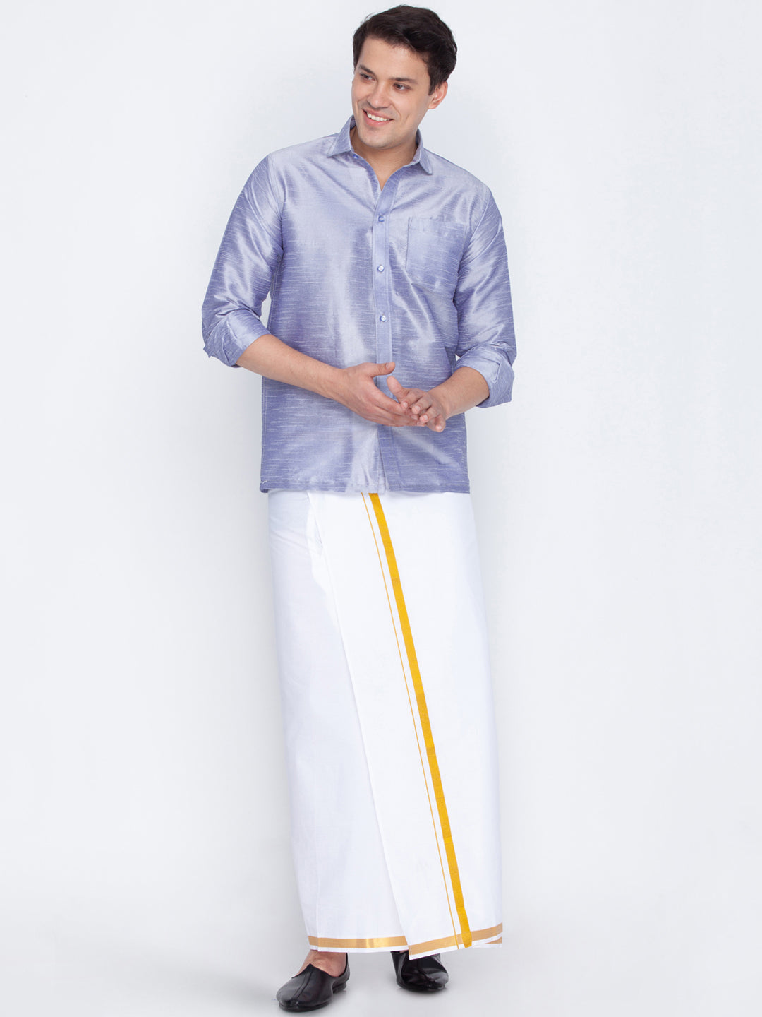 Men's Lavander and White Silk Blend Shirt And Mundu