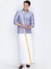 Men's Lavander and White Silk Blend Shirt And Mundu