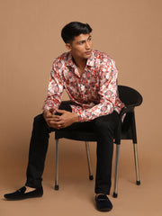 Men's Multicolored-Base-Cream Satin Ethnic Shirt