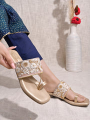 Shoetopia Embellished Golden Kolhapuri Flats For Women & Girls