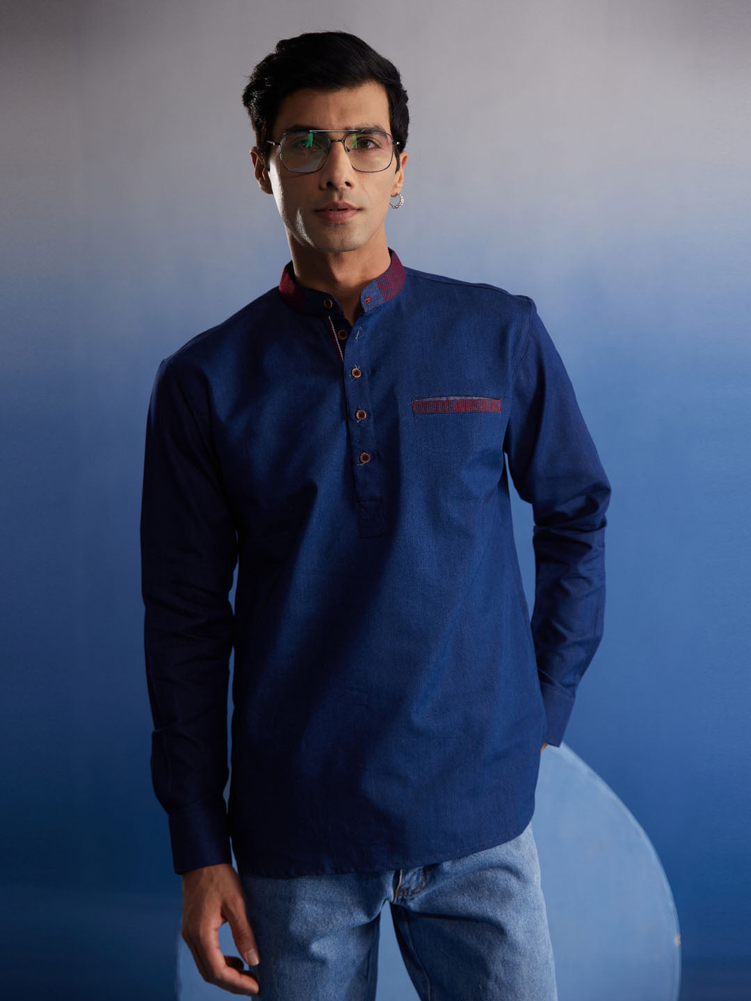 Men's Navy Blue Denim Short Kurta