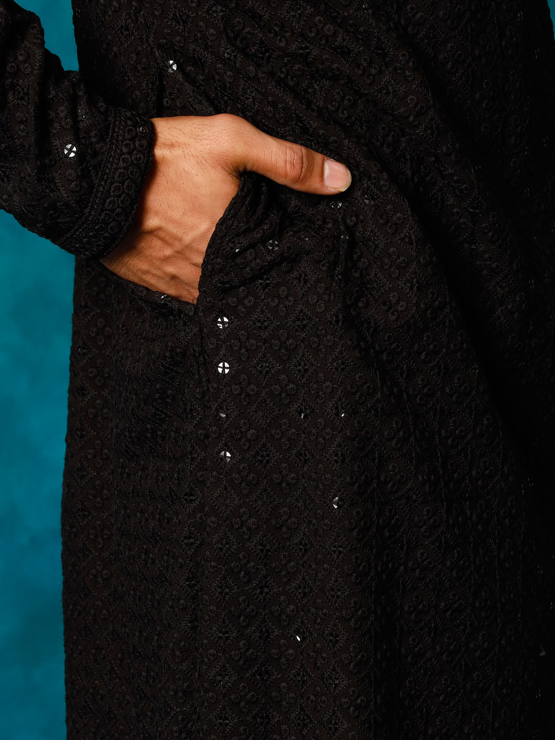 Men's Black Rayon Cotton Kurta