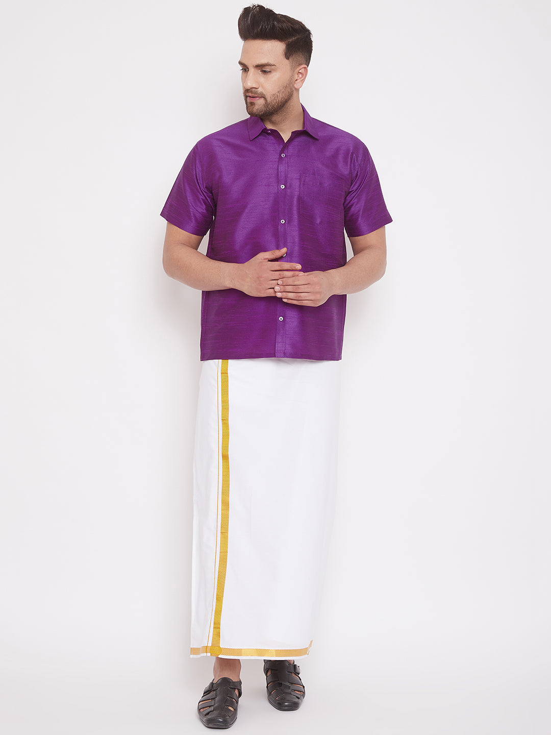 Men's Purple and White Silk Blend Shirt And Mundu