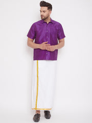 Men's Purple and White Silk Blend Shirt And Mundu