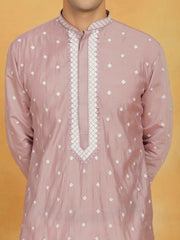 Men's Pink And White Silk Blend Kurta And Pyjama Set