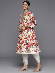 Women  Off-White & Brown Floral Printed V-Neck Mirror Embroidered Anarkali Kurta Paired With Off White Dhoti Pant