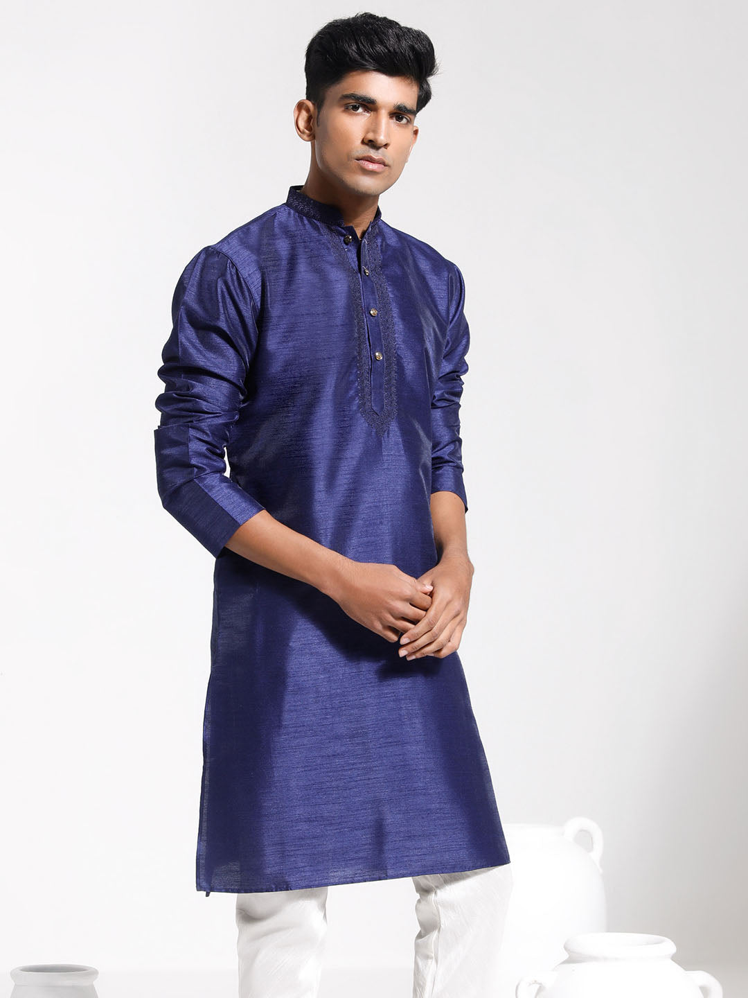 Men's Navy Blue Dupion Silk Kurta