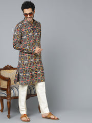 Men's Navy Blue And Cream Rayon Kurta Pyjama Set