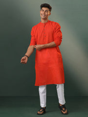 Men's Red And White Pure Cotton Kurta Pyjama Set