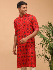 Men's Red Cotton Blend Kurta