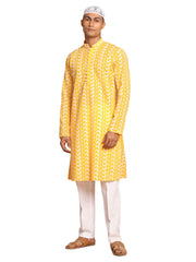 Men's Orange And White Pure Cotton Kurta Pyjama Set