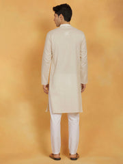 Men's Cream And White  Kora Kurta Pyjama Set