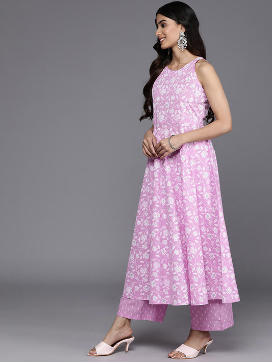 Women Lavender And White Floral Printed Anarkali Kurta Paired With Tonal Bottom