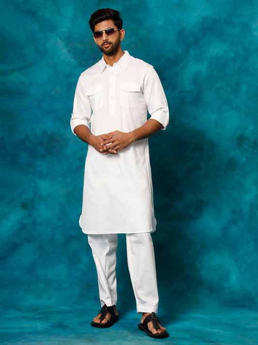 Men's White Cotton Blend Pathani Kurta Set