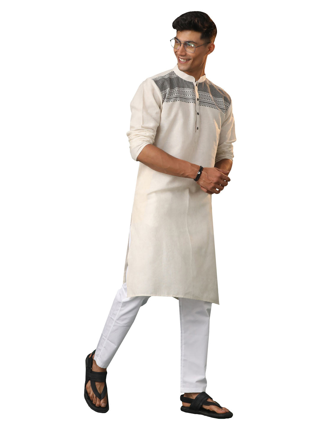 Men's Cream And Black Cotton Kurta Pyjama Set